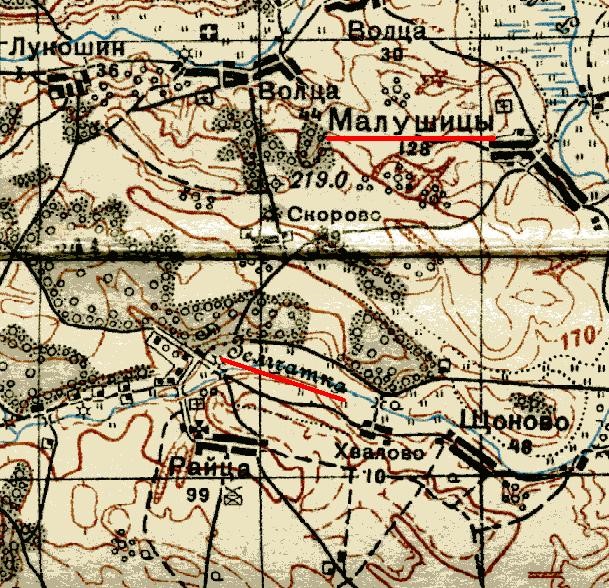Малуша на карте РККА 1936 г.