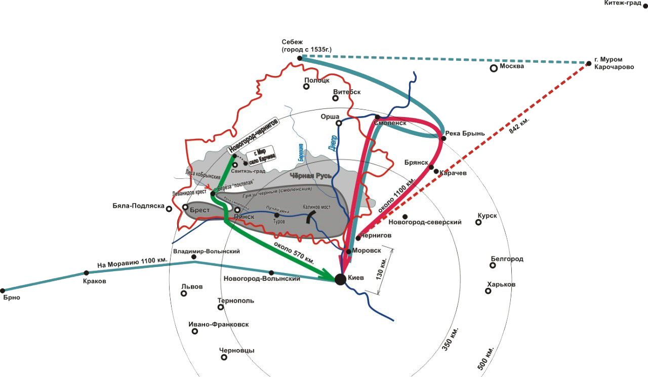 Путь Ильи Муромца. По прямой дорожке 500 вёрст, плюс-минус повороты. Если прямоезжая дорожка из Чернигова в Киев идёт через Смоленск, то как тогда выглядит кружная?!