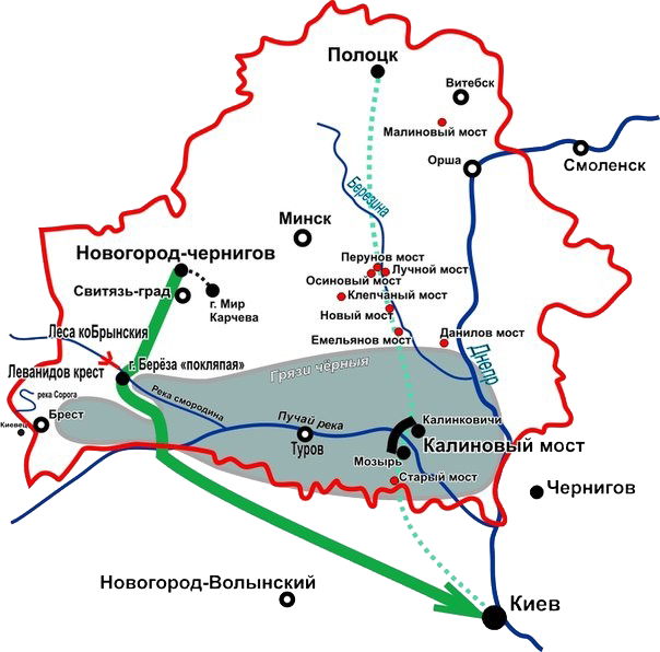 Путь Ильи Муромца через леса Брынские, мимо берёзы покляпой и Леванидова креста, через грязи чёрные на Киев. У креста в сёлах Кутузовых владения Соловья-разбойника, а западнее лежат земли Чурилы Пленковича.