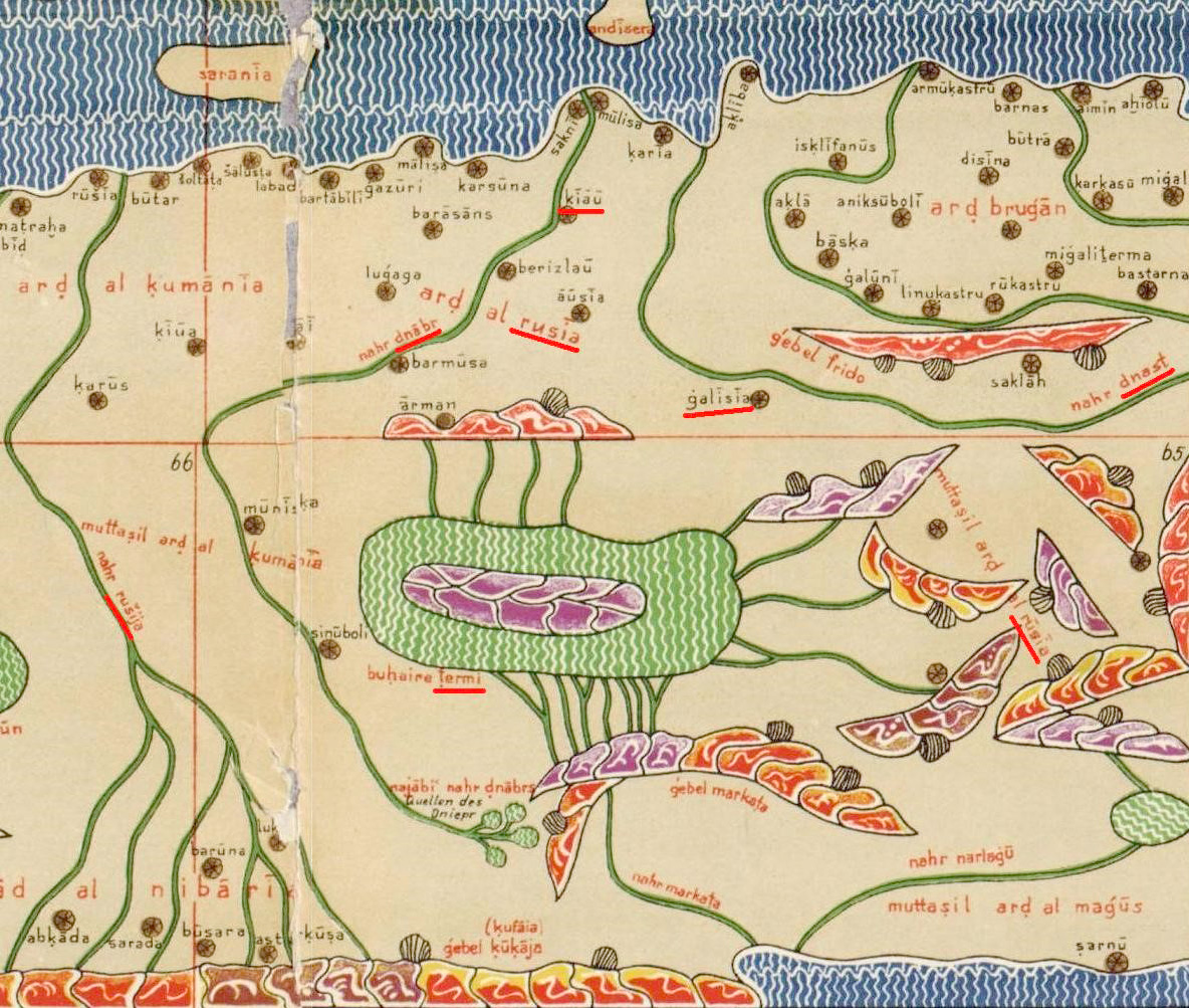 Озеро Терми на карте аль-Идриси. Север арабские карты показывают внизу, а запад справа